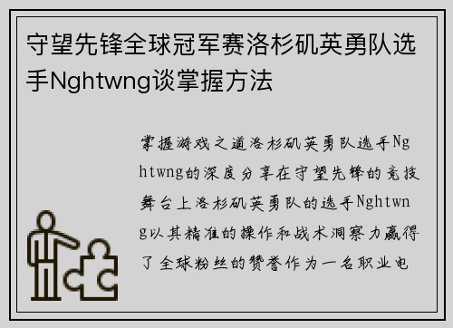 守望先锋全球冠军赛洛杉矶英勇队选手Nghtwng谈掌握方法