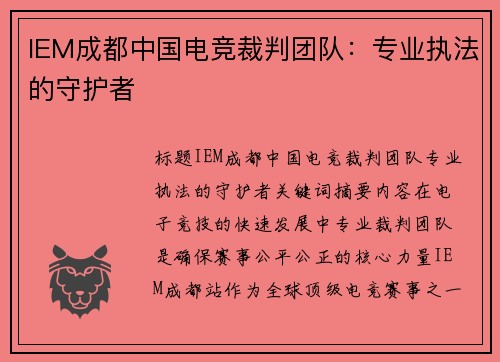 IEM成都中国电竞裁判团队：专业执法的守护者